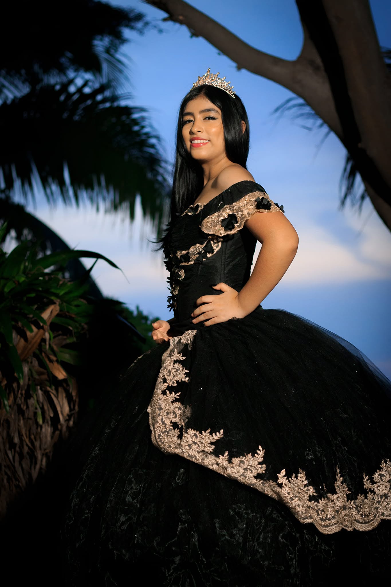 Quinceañera con vestido negro bajo un árbol